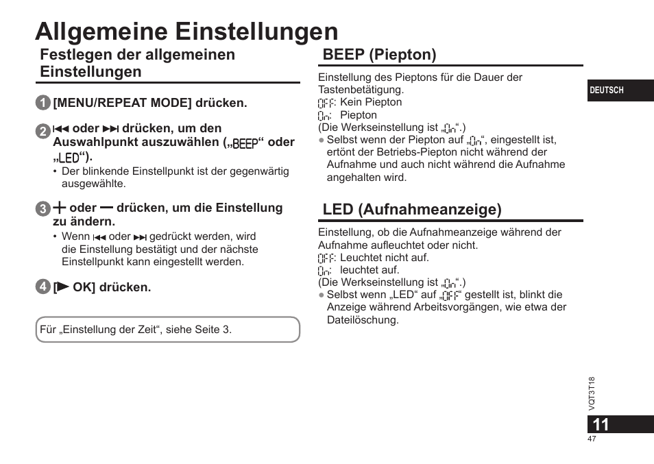 Allgemeine einstellungen, Festlegen der allgemeinen einstellungen, Beep (piepton) | Led (aufnahmeanzeige) | Panasonic RRUS300E User Manual | Page 47 / 136