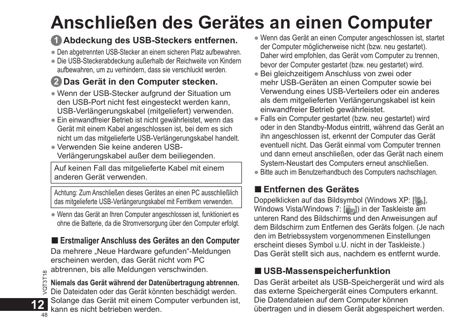 Anschließen des gerätes an einen computer | Panasonic RRUS300E User Manual | Page 48 / 136