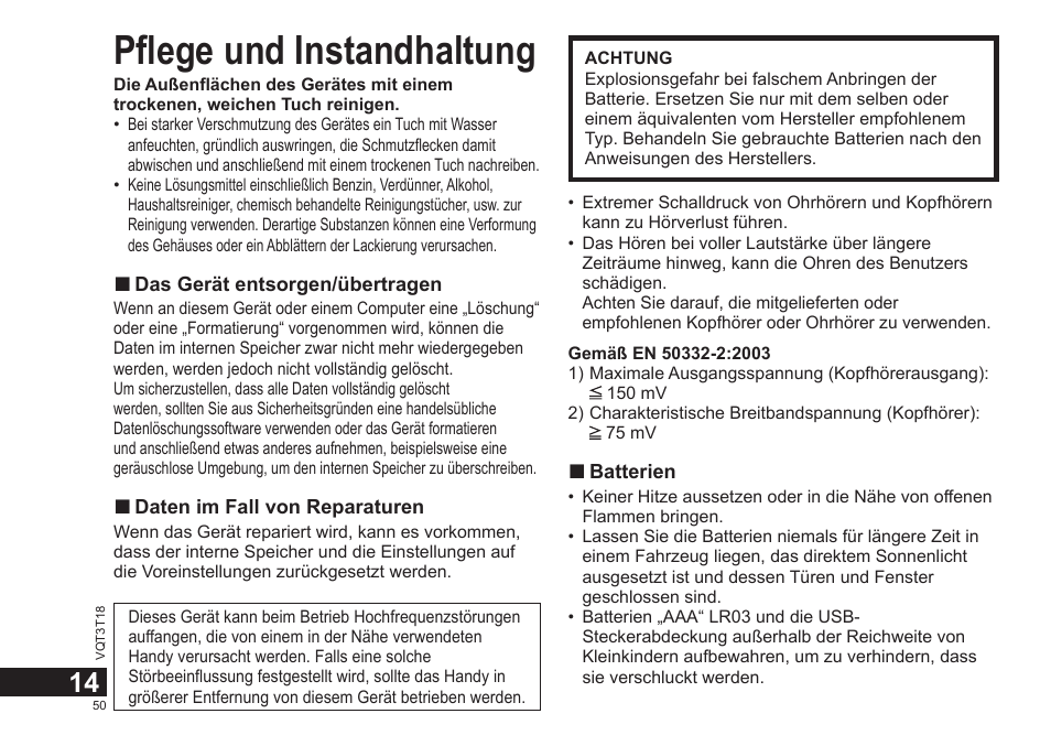 Pflege und instandhaltung | Panasonic RRUS300E User Manual | Page 50 / 136