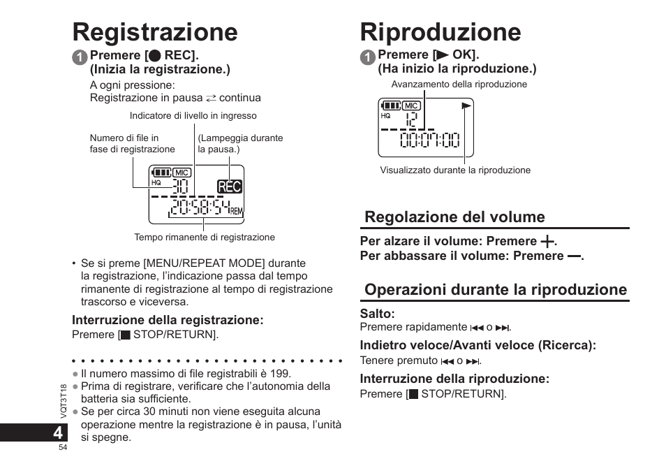 Registrazione riproduzione, Regolazione del volume, Operazioni durante la riproduzione | Panasonic RRUS300E User Manual | Page 54 / 136