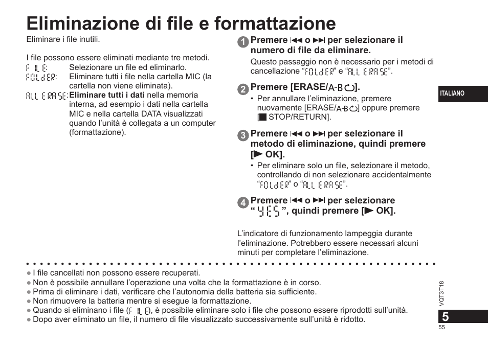 Eliminazione di file e formattazione | Panasonic RRUS300E User Manual | Page 55 / 136