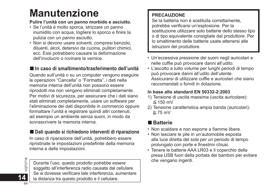 Manutenzione | Panasonic RRUS300E User Manual | Page 64 / 136