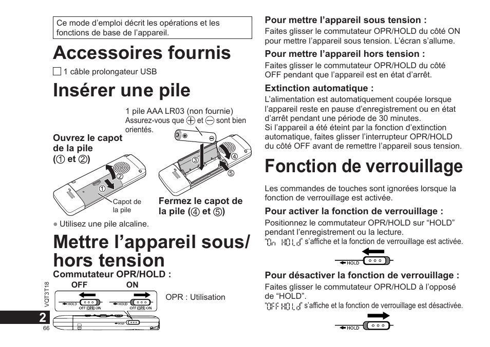 Accessoires fournis, Insérer une pile, Mettre l’appareil sous/ hors tension | Fonction de verrouillage | Panasonic RRUS300E User Manual | Page 66 / 136