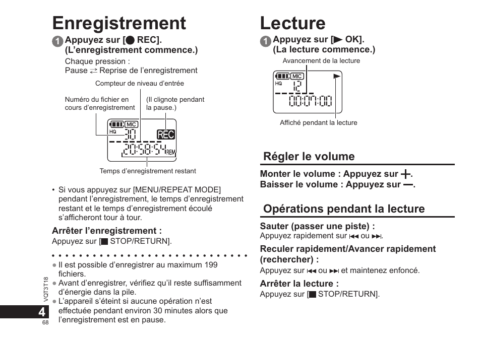 Enregistrement lecture, Régler le volume, Opérations pendant la lecture | Panasonic RRUS300E User Manual | Page 68 / 136