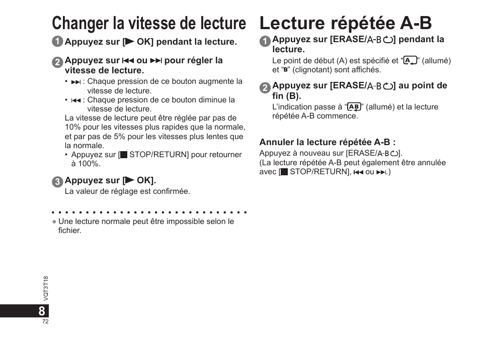 Changer la vitesse de lecture lecture répétée a-b | Panasonic RRUS300E User Manual | Page 72 / 136