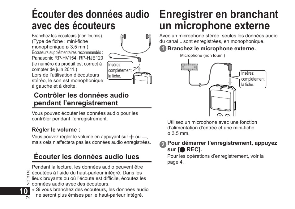 Écouter des données audio avec des écouteurs, Enregistrer en branchant un microphone externe | Panasonic RRUS300E User Manual | Page 74 / 136