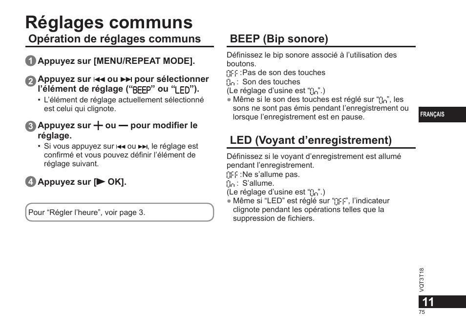 Réglages communs, Opération de réglages communs, Beep (bip sonore) | Led (voyant d’enregistrement) | Panasonic RRUS300E User Manual | Page 75 / 136
