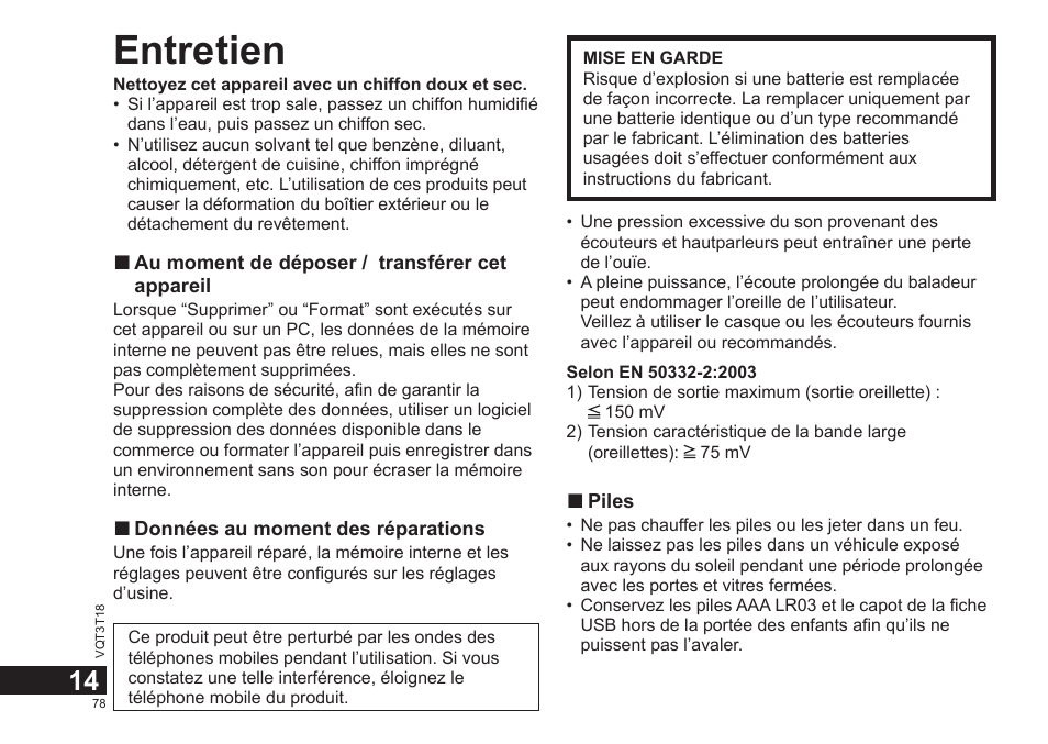 Entretien | Panasonic RRUS300E User Manual | Page 78 / 136