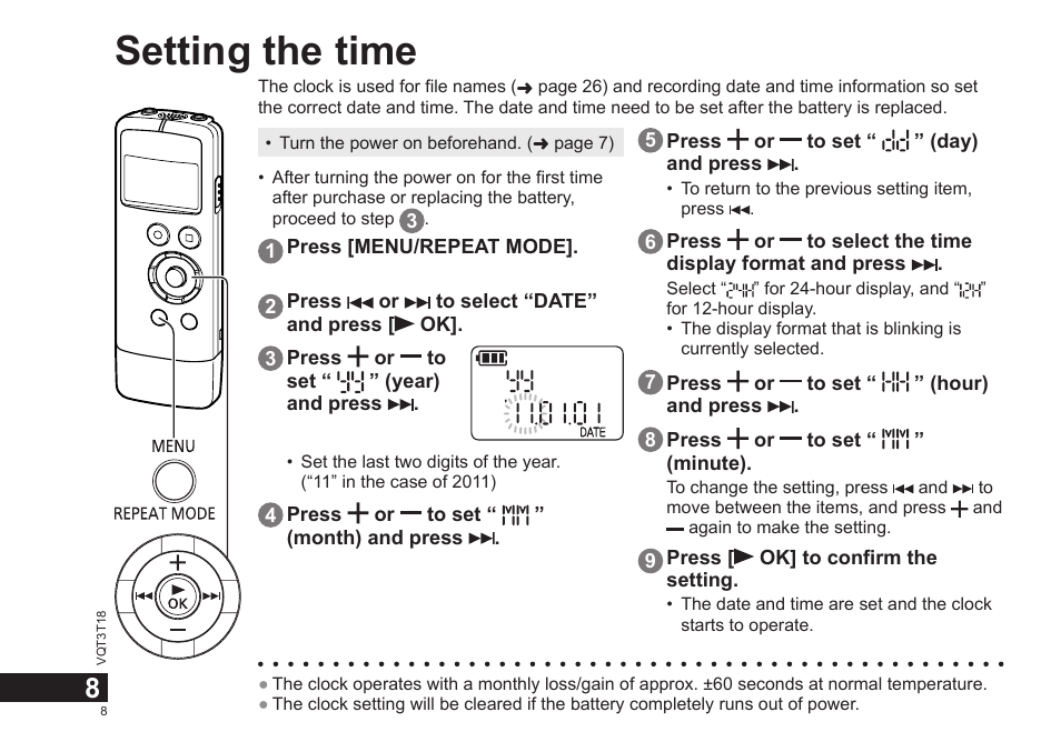 Setting the time | Panasonic RRUS300E User Manual | Page 8 / 136