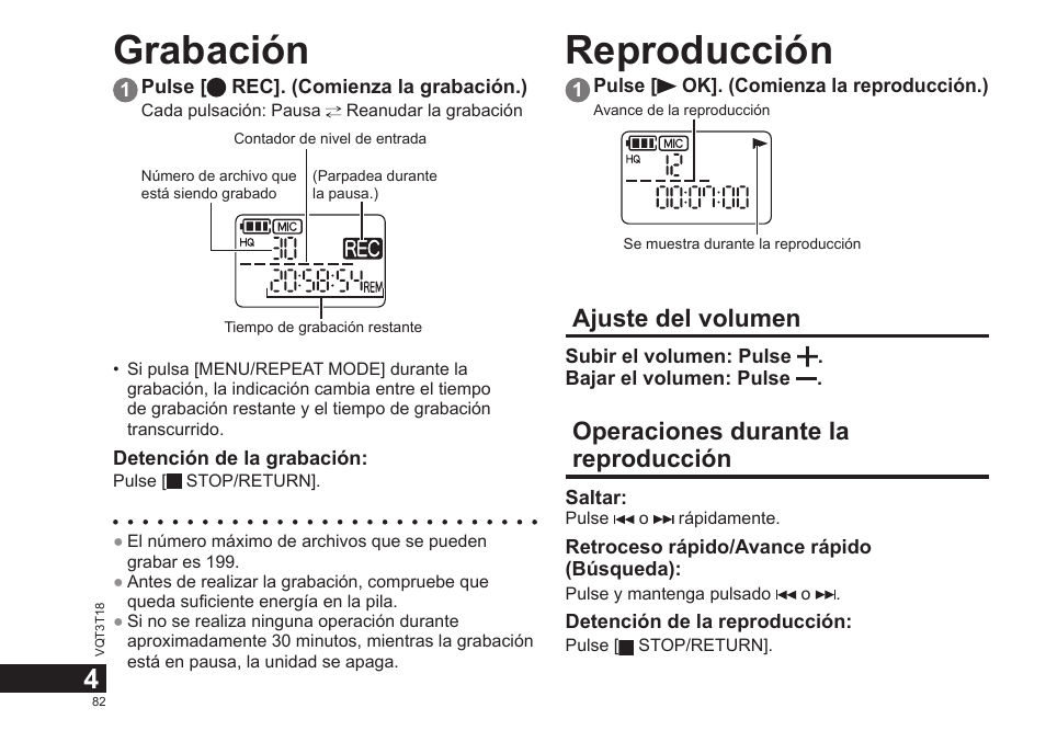 Grabación reproducción, Ajuste del volumen, Operaciones durante la reproducción | Panasonic RRUS300E User Manual | Page 82 / 136