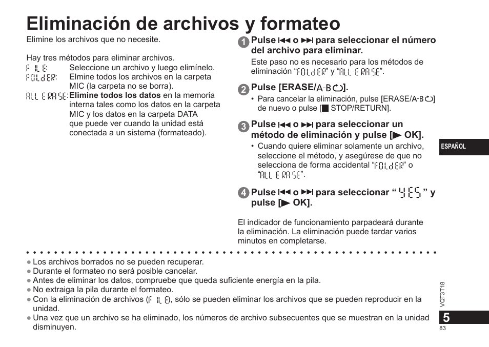 Eliminación de archivos y formateo | Panasonic RRUS300E User Manual | Page 83 / 136