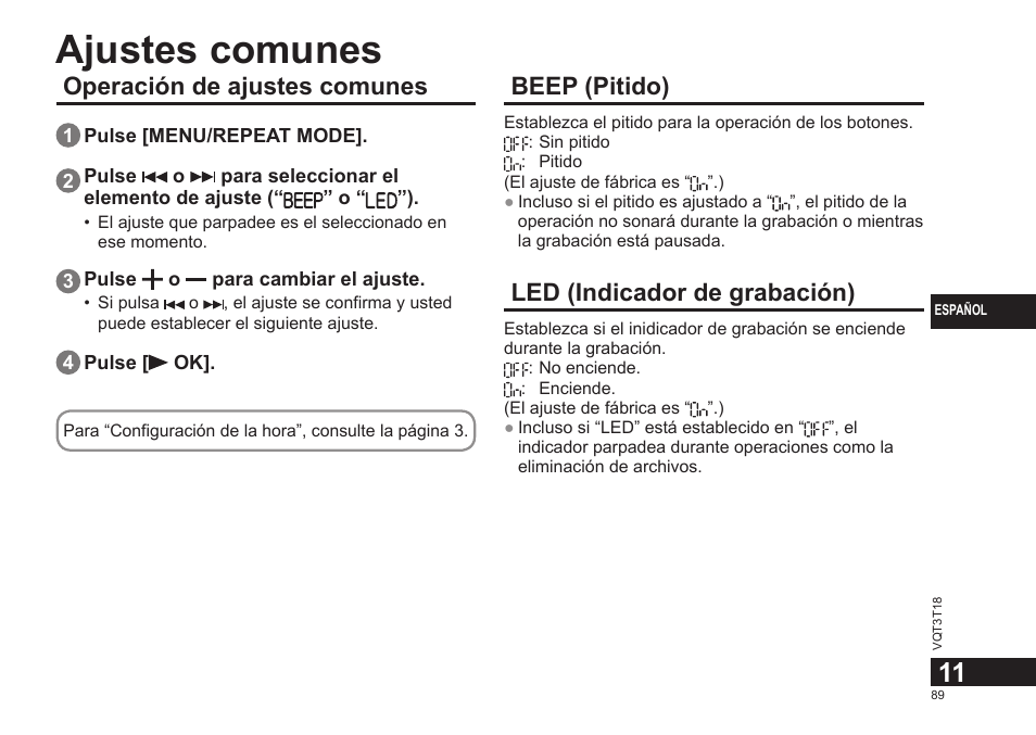 Ajustes comunes, Operación de ajustes comunes, Beep (pitido) | Led (indicador de grabación) | Panasonic RRUS300E User Manual | Page 89 / 136