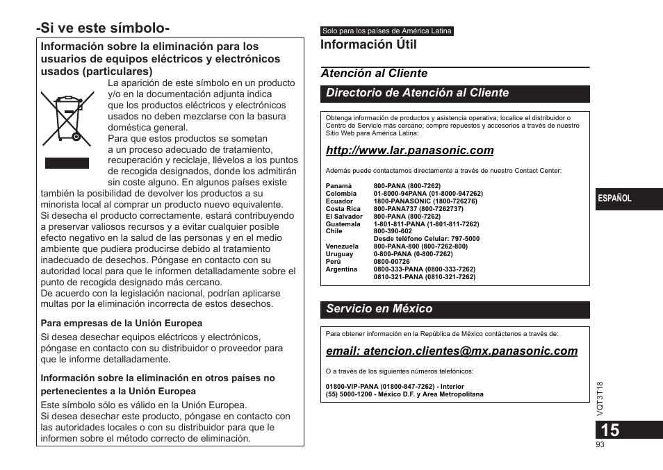 Si ve este símbolo, Información útil, Servicio en méxico | Panasonic RRUS300E User Manual | Page 93 / 136