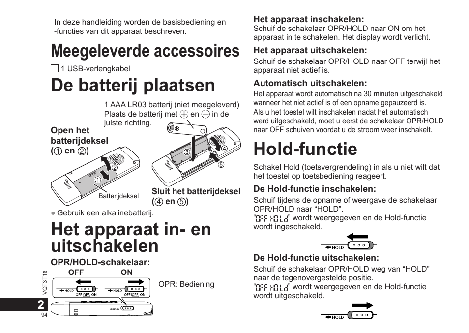Meegeleverde accessoires, De batterij plaatsen, Het apparaat in- en uitschakelen | Hold-functie | Panasonic RRUS300E User Manual | Page 94 / 136