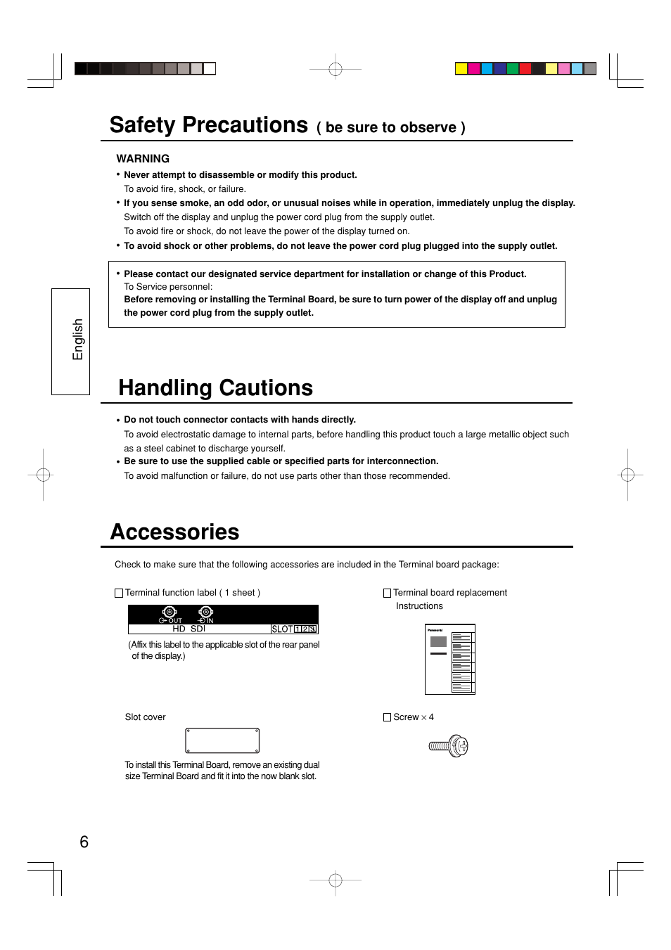 Accessories, Safety precautions, Handling cautions | Be sure to observe ) | Panasonic TYFB7HD User Manual | Page 6 / 16