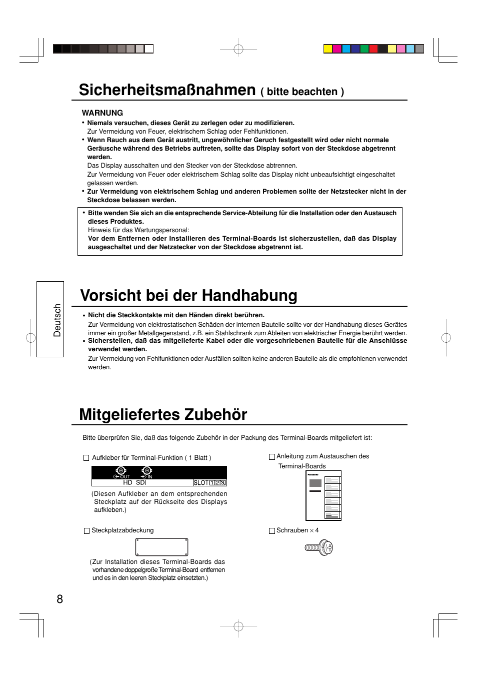 Sicherheitsmaßnahmen, Mitgeliefertes zubehör, Vorsicht bei der handhabung | Bitte beachten ) | Panasonic TYFB7HD User Manual | Page 8 / 16