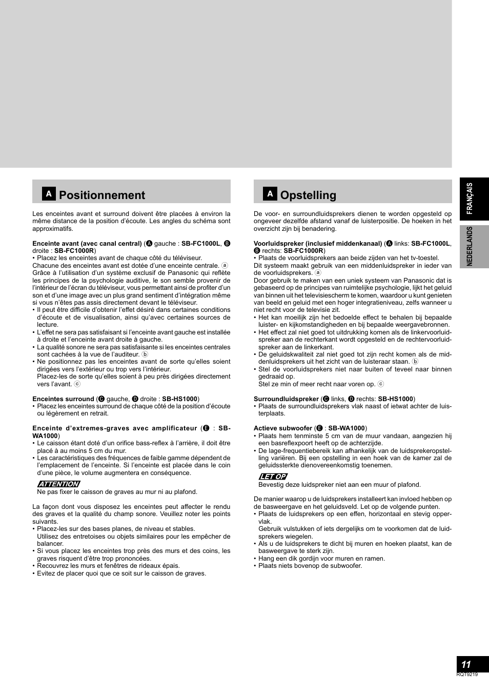 Positionnement, Opstelling | Panasonic SBTP1000 User Manual | Page 11 / 68