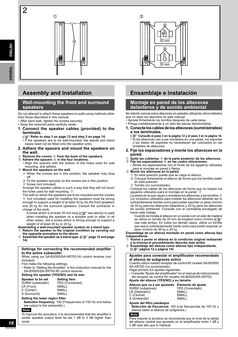 Assembly and installation, Ensamblaje e instalación, Wall-mounting the front and surround speakers | Panasonic SBTP1000 User Manual | Page 16 / 68