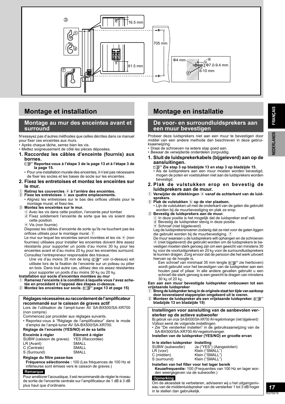 Montage et installation, Montage en installatie, Montage au mur des enceintes avant et surround | Panasonic SBTP1000 User Manual | Page 17 / 68