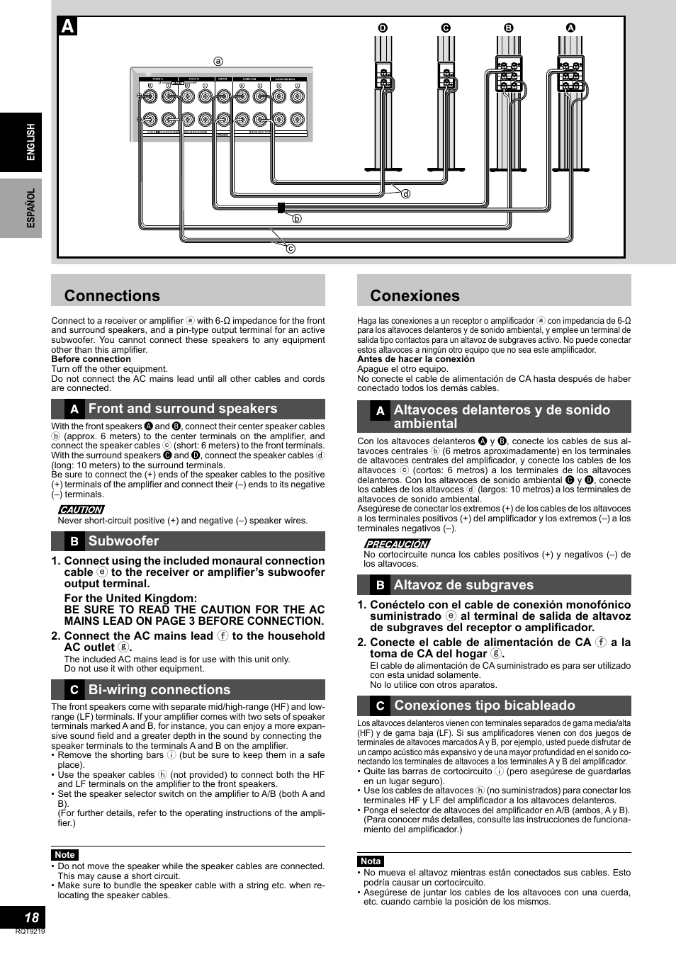Connections, Conexiones, Front and surround speakers | Subwoofer, Bi-wiring connections, Altavoces delanteros y de sonido ambiental, Altavoz de subgraves, Conexiones tipo bicableado | Panasonic SBTP1000 User Manual | Page 18 / 68
