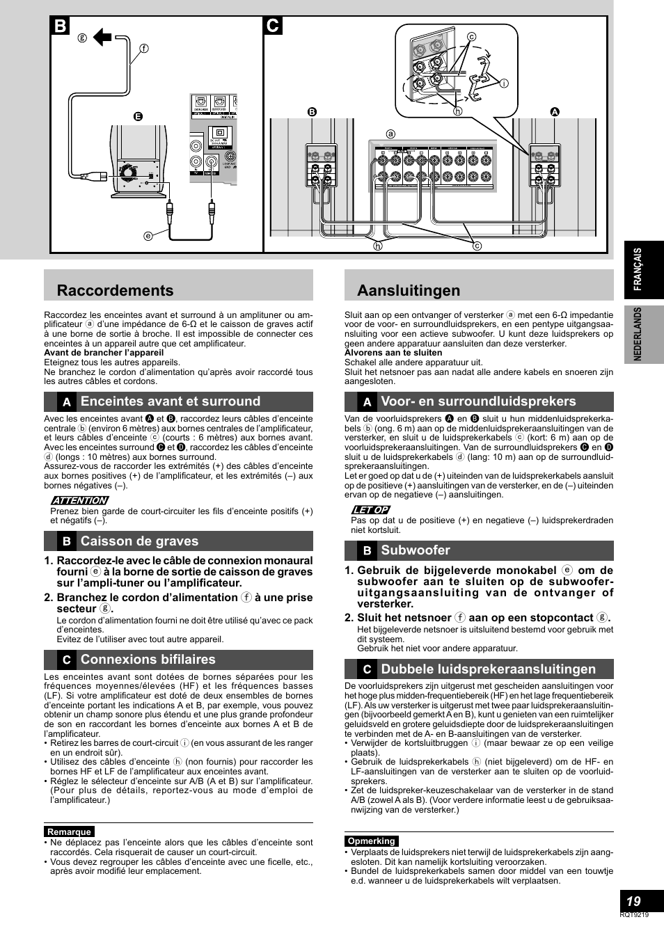 Raccordements, Aansluitingen, Enceintes avant et surround | Caisson de graves, Connexions bifilaires, Voor- en surroundluidsprekers, Subwoofer, Dubbele luidsprekeraansluitingen | Panasonic SBTP1000 User Manual | Page 19 / 68