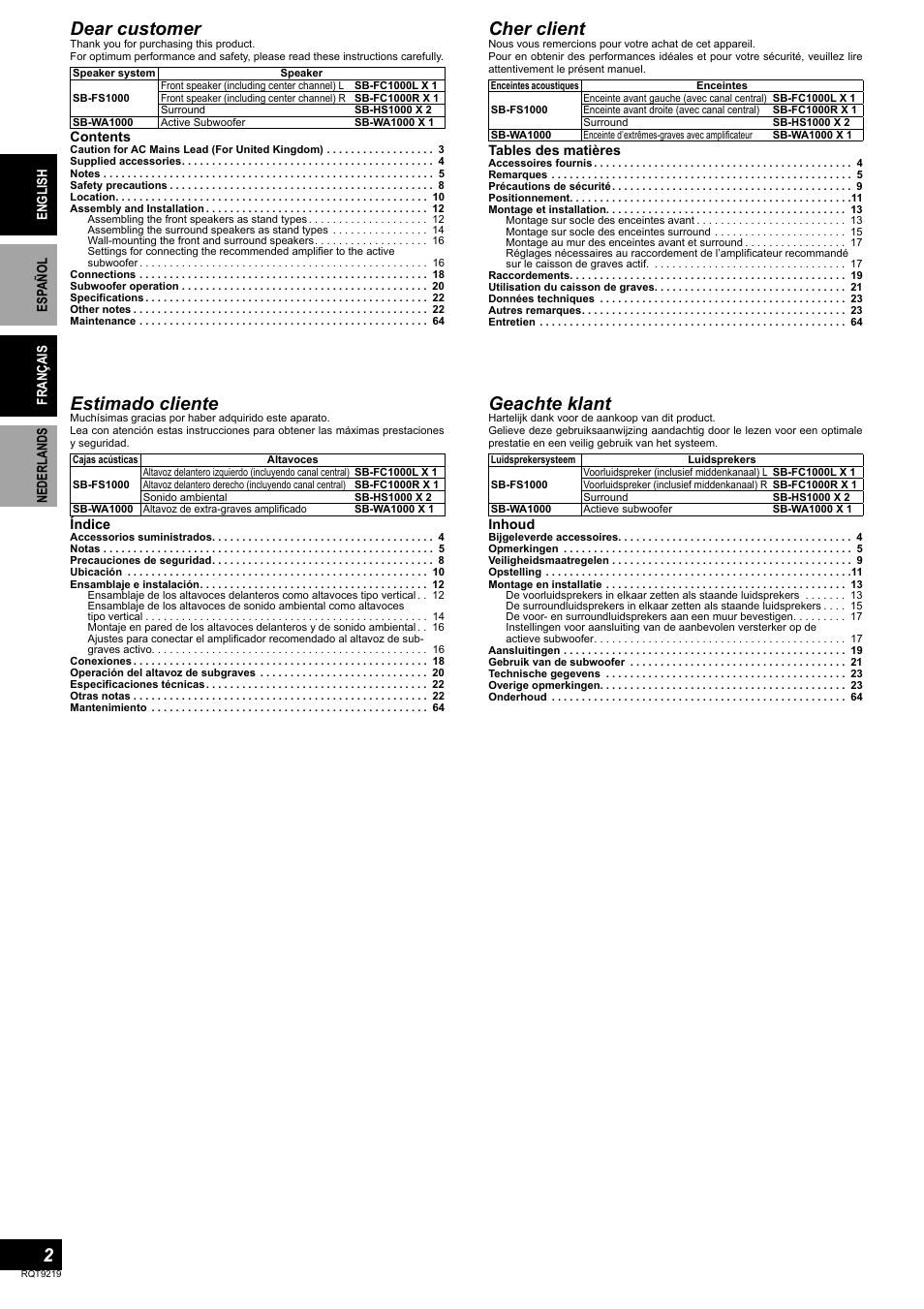 Estimado cliente, Dear customer, Cher client | Geachte klant | Panasonic SBTP1000 User Manual | Page 2 / 68