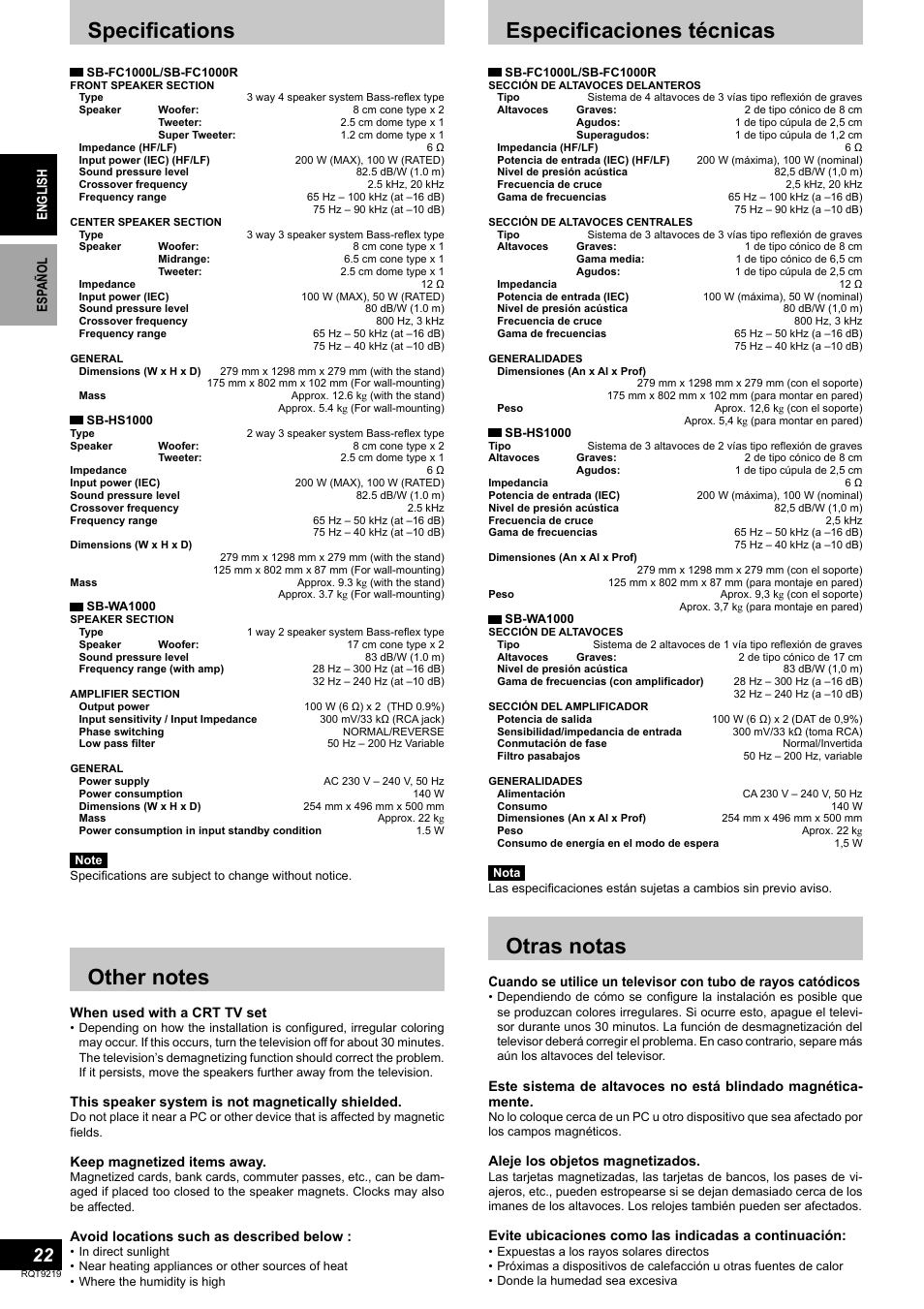 Otras notas, Specifi cations, Especifi caciones técnicas | Panasonic SBTP1000 User Manual | Page 22 / 68