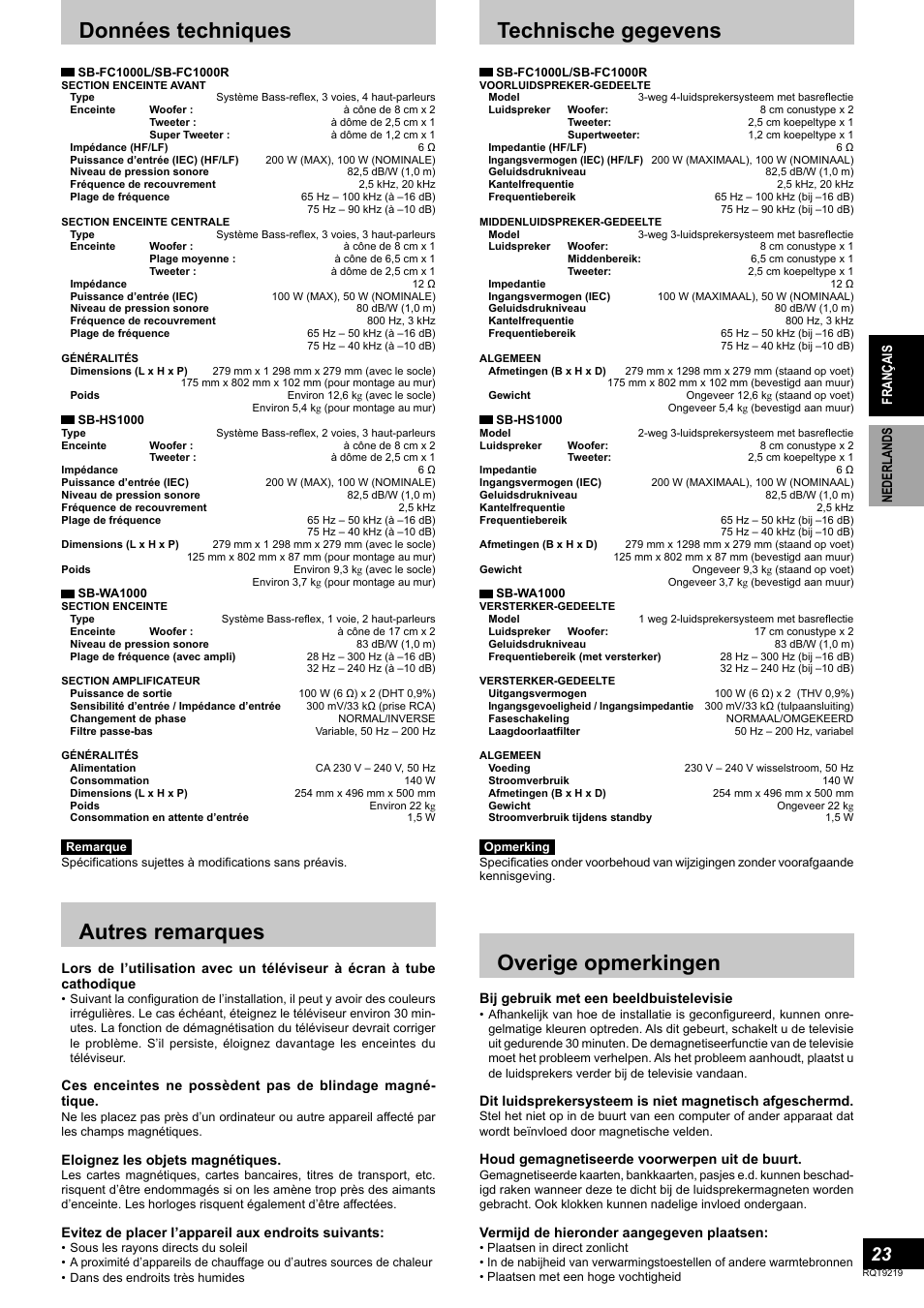 Autres remarques, Overige opmerkingen, Données techniques | Technische gegevens | Panasonic SBTP1000 User Manual | Page 23 / 68