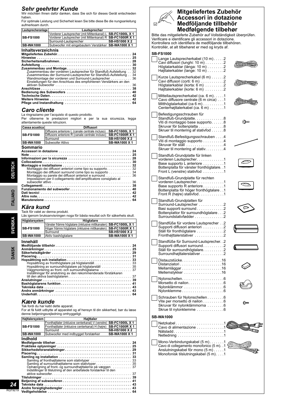 Caro cliente, Sehr geehrter kunde, Kära kund | Kære kunde | Panasonic SBTP1000 User Manual | Page 24 / 68