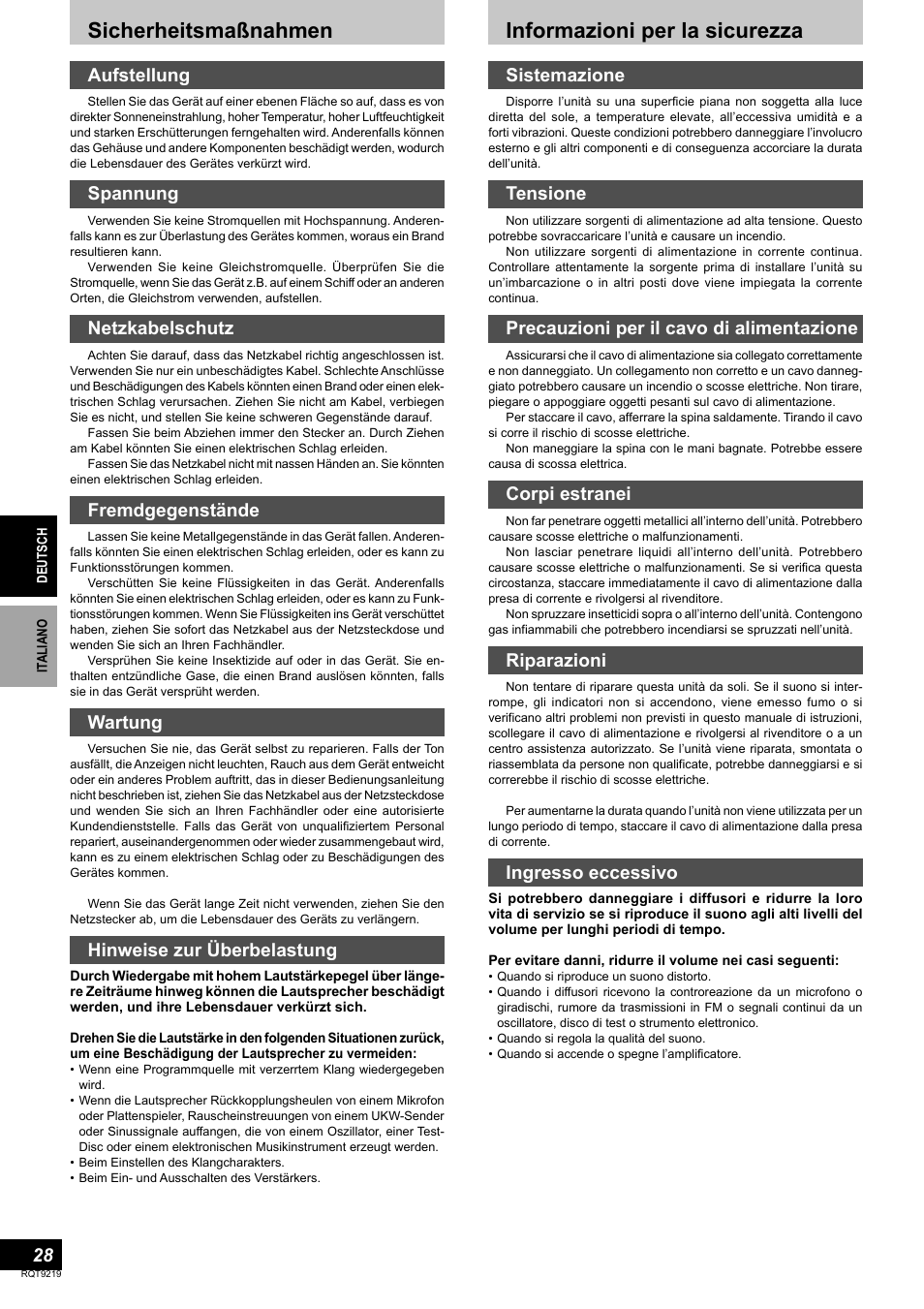 Sicherheitsmaßnahmen, Informazioni per la sicurezza, Aufstellung | Spannung, Netzkabelschutz, Fremdgegenstände, Wartung, Hinweise zur überbelastung, Sistemazione, Tensione | Panasonic SBTP1000 User Manual | Page 28 / 68
