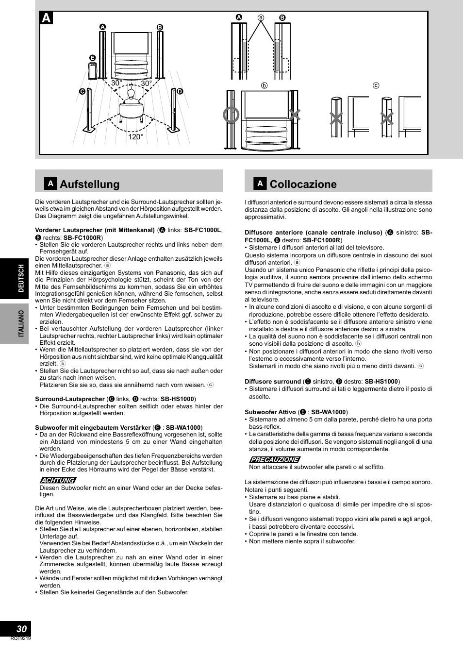 Aufstellung, Collocazione | Panasonic SBTP1000 User Manual | Page 30 / 68