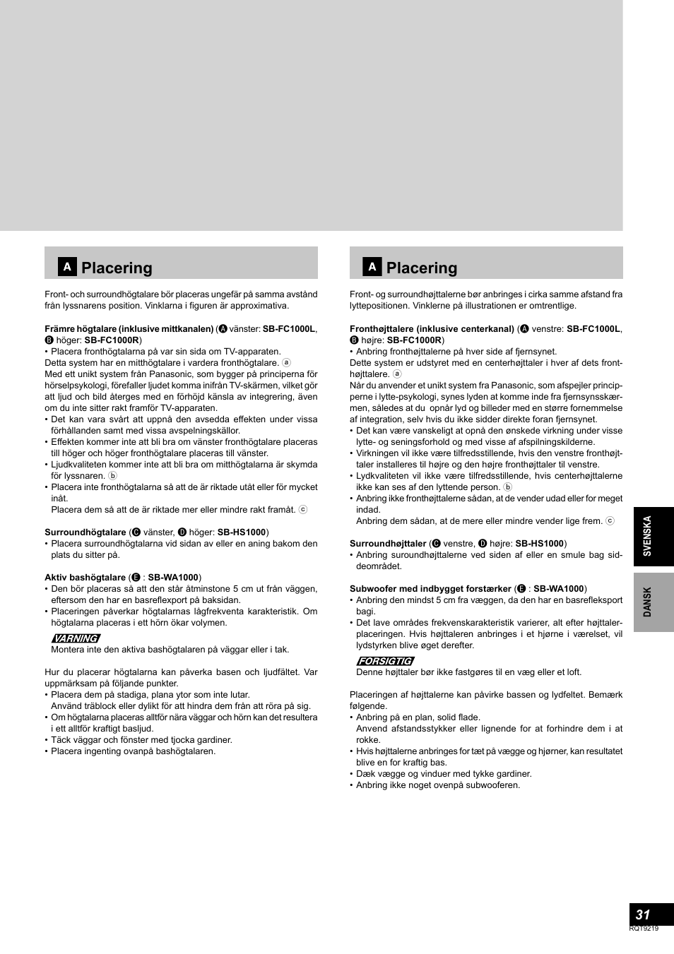 Placering | Panasonic SBTP1000 User Manual | Page 31 / 68