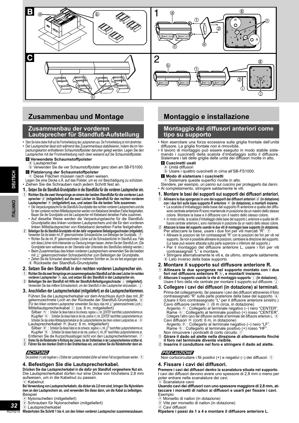 Zusammenbau und montage, Montaggio e installazione, Befestigen sie die lautsprecherkabel | Montare il supporto sul diffusore anteriore r, Fissare i cavi dei diffusori | Panasonic SBTP1000 User Manual | Page 32 / 68