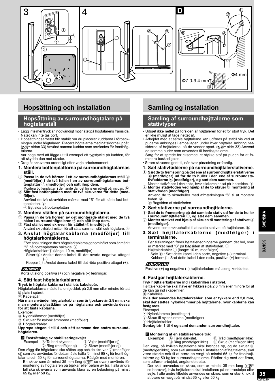Hopsättning och installation, Samling og installation, Hopsättning av surroundhögtalare på högtalarställ | Samling af surroundhøjttalerne som stativtyper | Panasonic SBTP1000 User Manual | Page 35 / 68