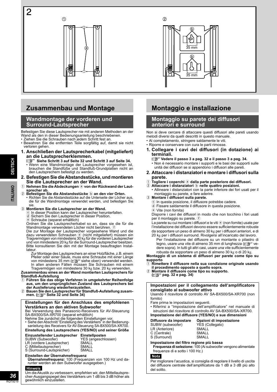 Zusammenbau und montage, Montaggio e installazione, Wandmontage der vorderen und surround-lautsprecher | Panasonic SBTP1000 User Manual | Page 36 / 68