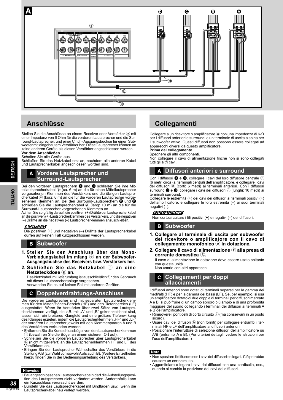 Anschlüsse, Collegamenti, Vordere lautsprecher und surround-lautsprecher | Subwoofer, Doppelverdrahtungs-anschluss, Diffusori anteriori e surround, Collegamenti per doppi allacciamenti | Panasonic SBTP1000 User Manual | Page 38 / 68