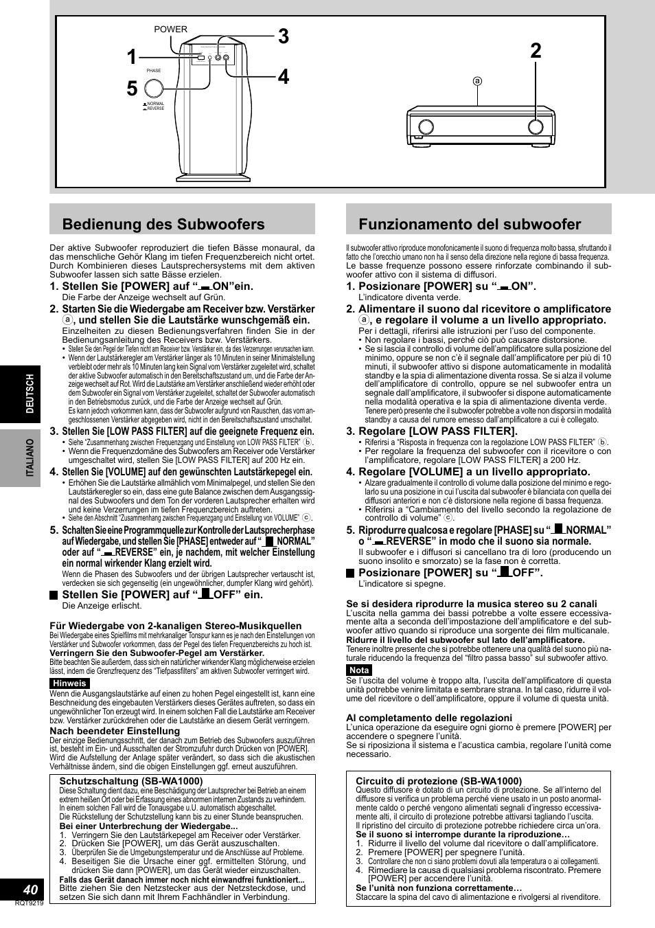 Bedienung des subwoofers, Funzionamento del subwoofer | Panasonic SBTP1000 User Manual | Page 40 / 68