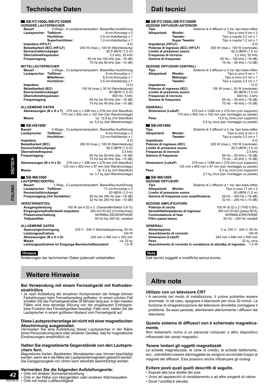 Weitere hinweise, Technische daten, Dati tecnici | Panasonic SBTP1000 User Manual | Page 42 / 68