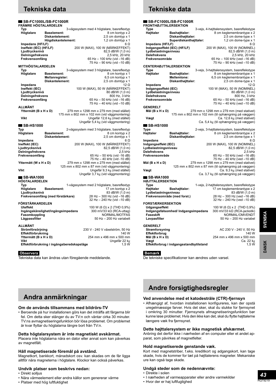 Andra anmärkningar, Andre forsigtighedsregler, Tekniska data | Tekniske data | Panasonic SBTP1000 User Manual | Page 43 / 68