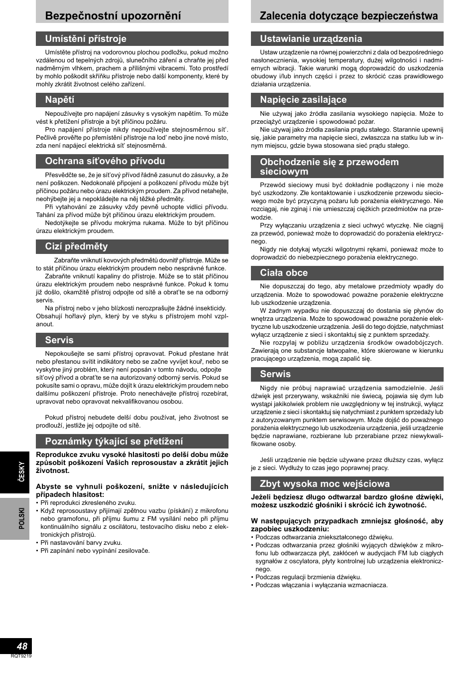 Bezpečnostní upozornění, Zalecenia dotyczące bezpieczeństwa, Umístění přístroje | Napětí, Ochrana síťového přívodu, Cizí předměty, Servis, Poznámky týkající se přetížení, Ustawianie urządzenia, Napięcie zasilające | Panasonic SBTP1000 User Manual | Page 48 / 68