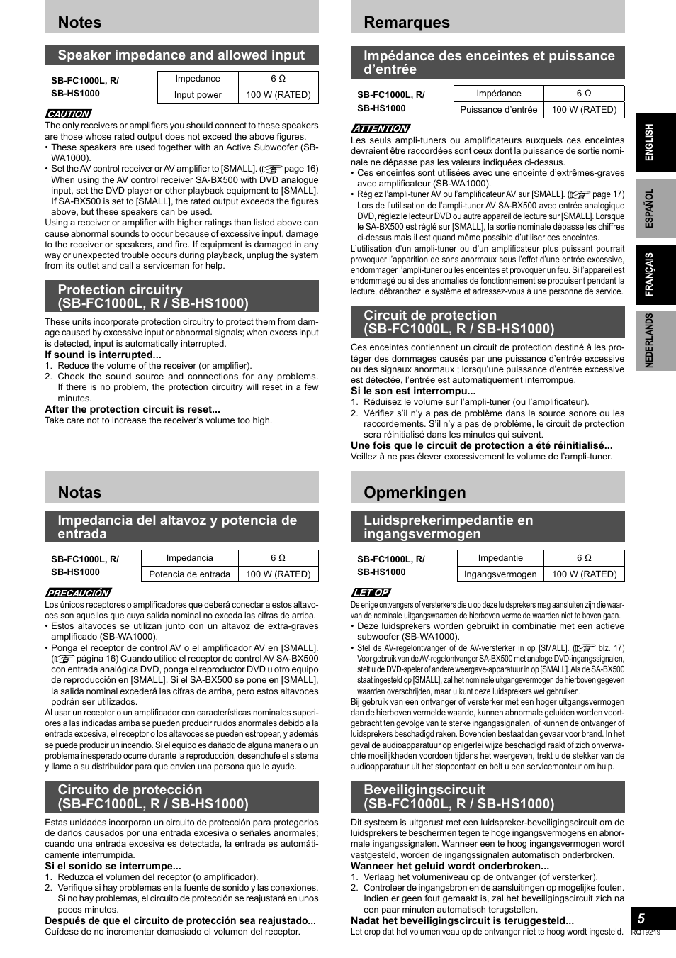 Notas, Remarques, Opmerkingen | Speaker impedance and allowed input, Impedancia del altavoz y potencia de entrada, Impédance des enceintes et puissance d’entrée, Luidsprekerimpedantie en ingangsvermogen | Panasonic SBTP1000 User Manual | Page 5 / 68