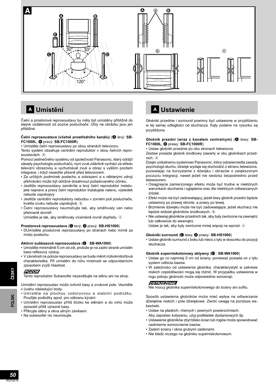 Umístění, Ustawienie | Panasonic SBTP1000 User Manual | Page 50 / 68