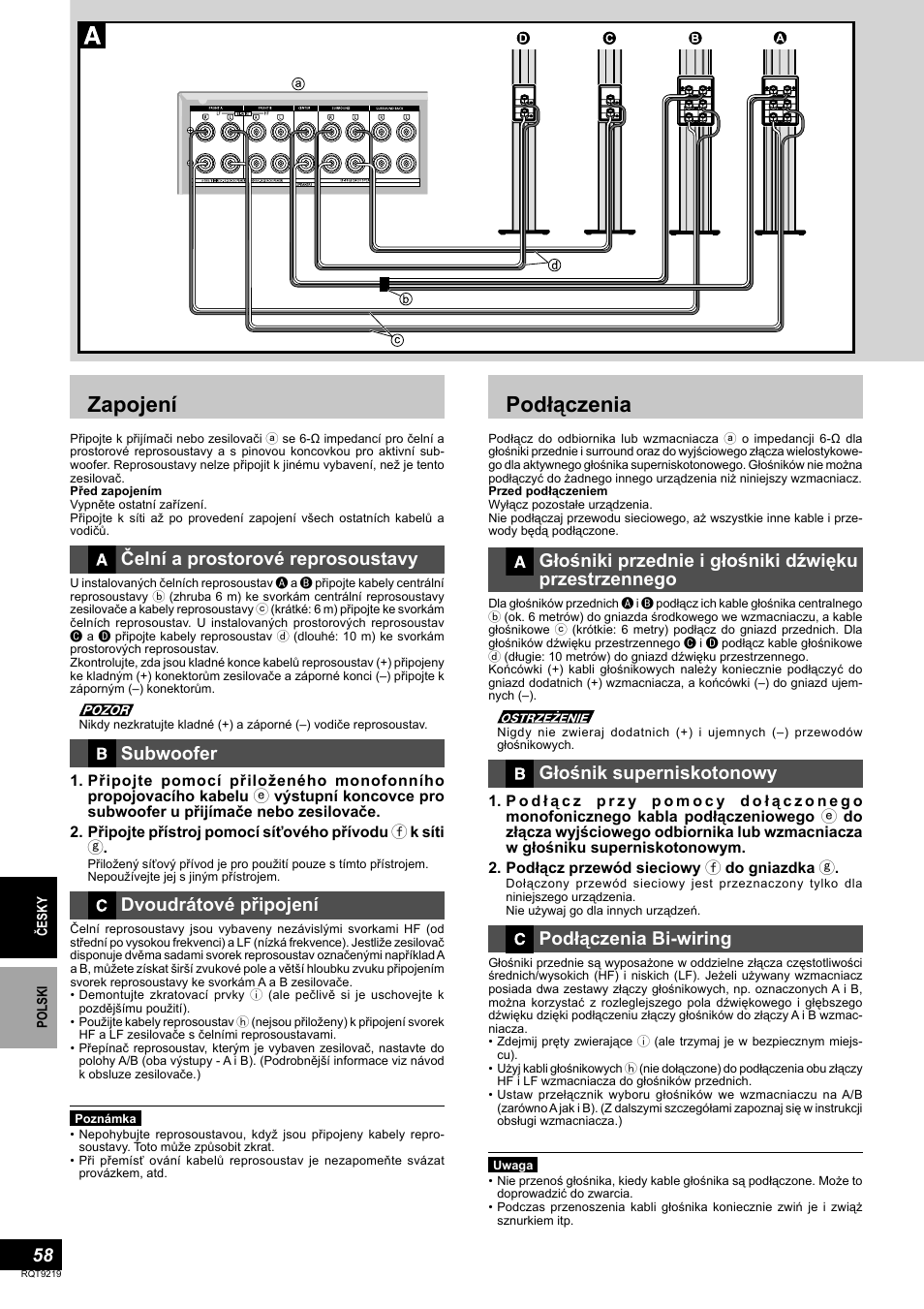 Zapojení, Podłączenia, Čelní a prostorové reprosoustavy | Subwoofer, Dvoudrátové připojení, Głośnik superniskotonowy, Podłączenia bi-wiring | Panasonic SBTP1000 User Manual | Page 58 / 68