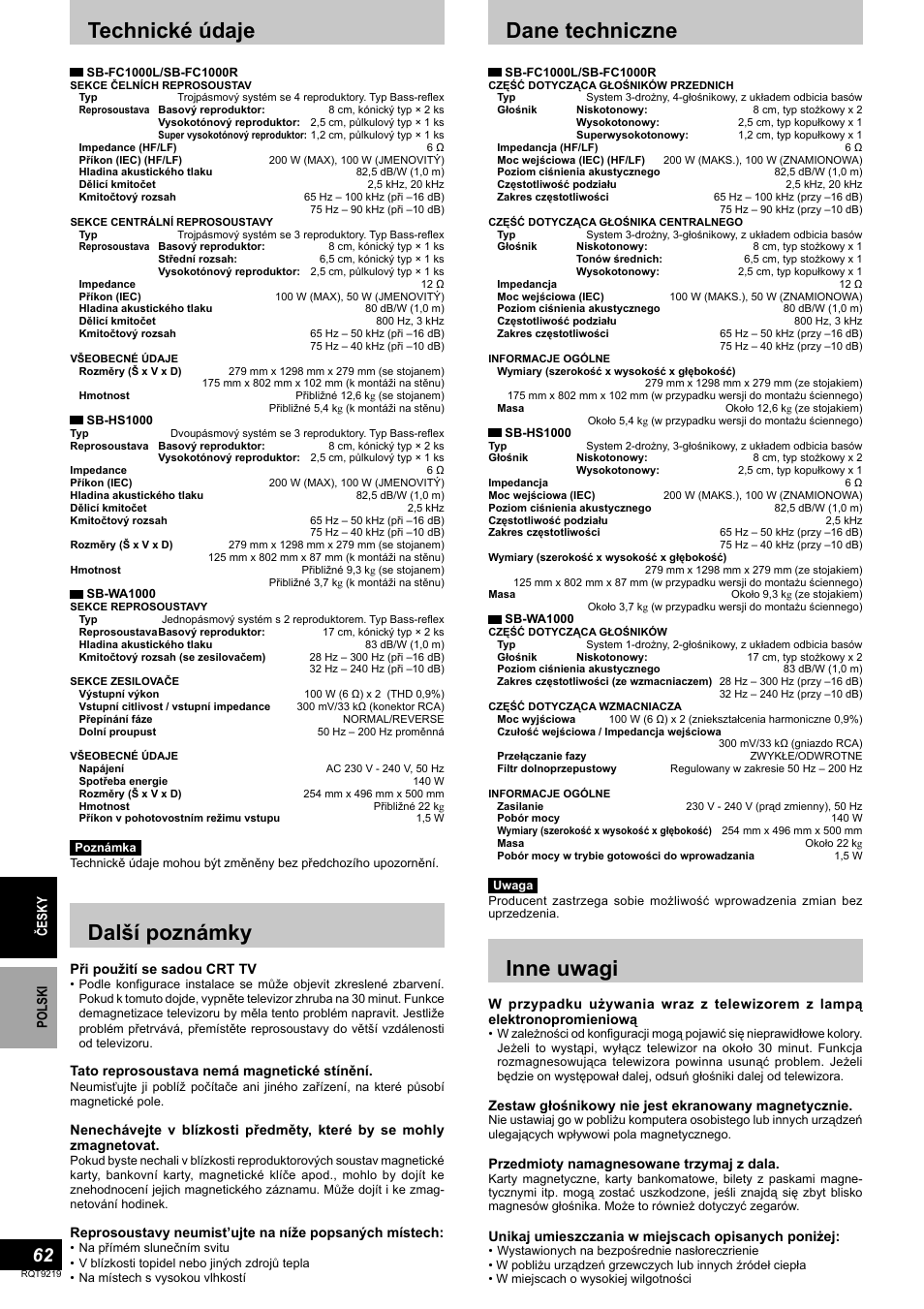Další poznámky, Inne uwagi, Technické údaje | Dane techniczne | Panasonic SBTP1000 User Manual | Page 62 / 68