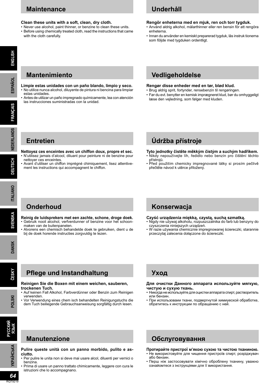 Maintenance, Mantenimiento, Entretien | Onderhoud, Pflege und instandhaltung, Manutenzione, Underhåll, Vedligeholdelse, Údržba přístroje, Konserwacja | Panasonic SBTP1000 User Manual | Page 64 / 68