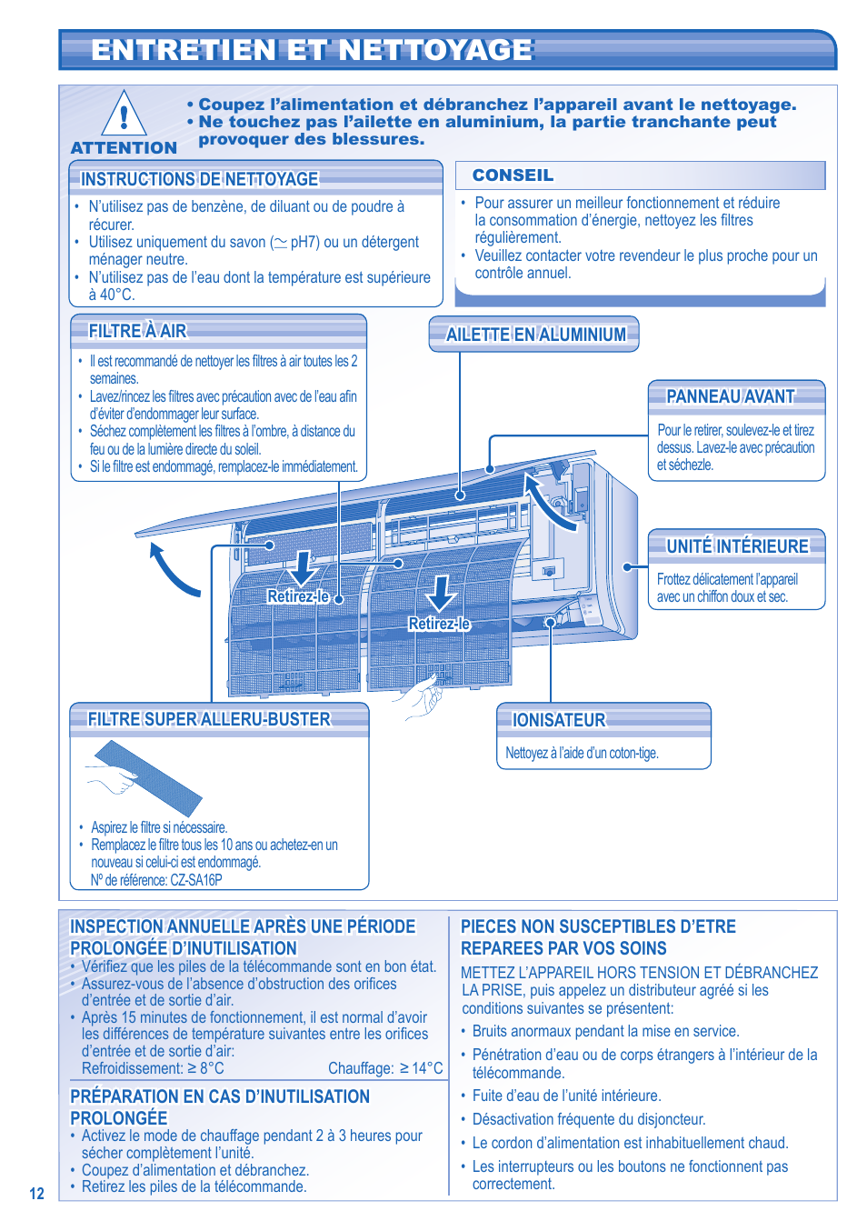 Entretien et nettoyage entretien et nettoyage | Panasonic CSTE15HKE User Manual | Page 12 / 56