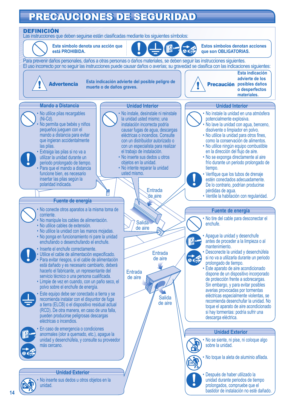 Precauciones de seguridad | Panasonic CSTE15HKE User Manual | Page 14 / 56