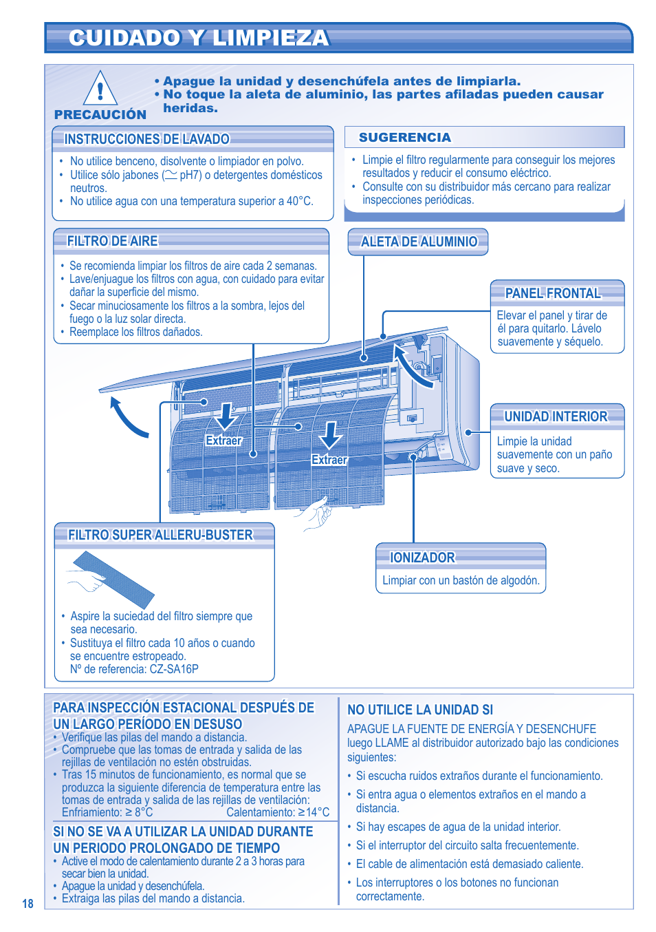 Cuidado y limpieza | Panasonic CSTE15HKE User Manual | Page 18 / 56