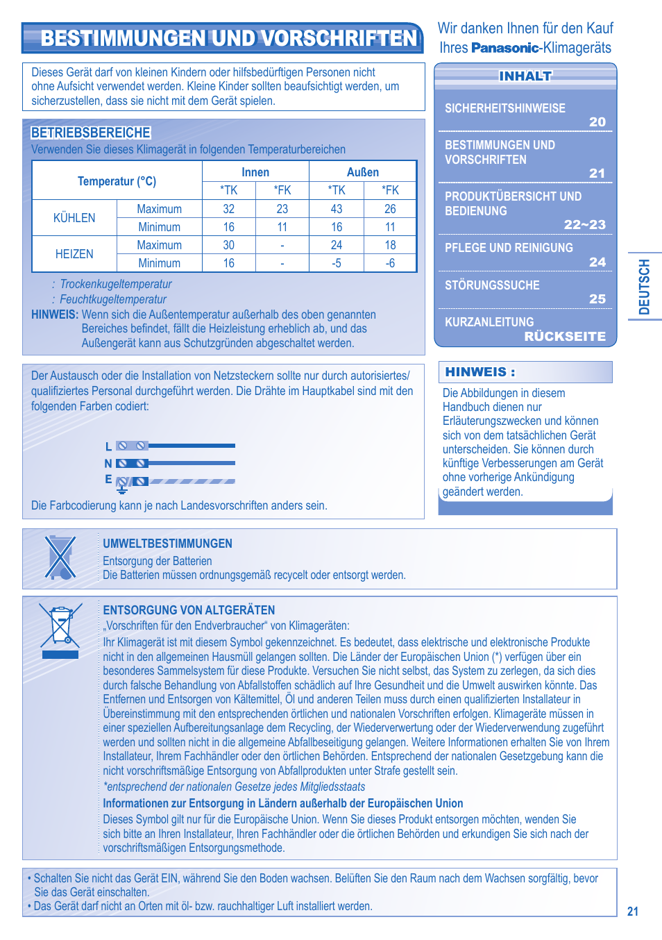 Bestimmungen und vorschriften, Wir danken ihnen für den kauf ihres -klimageräts | Panasonic CSTE15HKE User Manual | Page 21 / 56