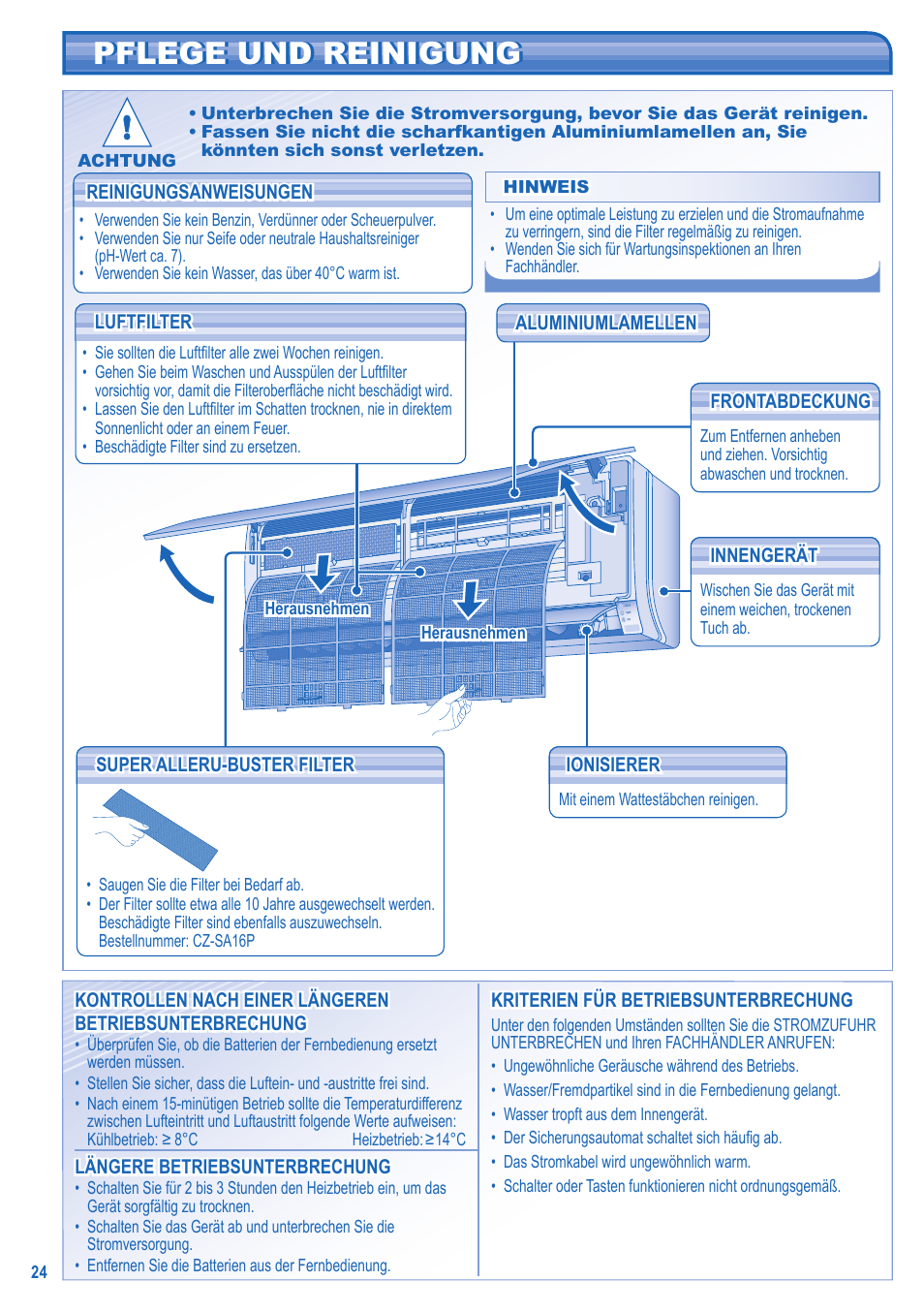 Pflege und reinigung | Panasonic CSTE15HKE User Manual | Page 24 / 56